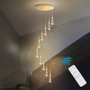 Stair Chandelier Lighting Crystal Hotel Pendant Light Home Ceiling Lamp Rain Drop 10 Heads 45W Remote