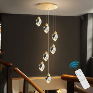 Stair Chandelier Lighting Home Crystal Pendant Light Bar Hotel Ceiling Lamp 7 Heads 38W Remote
